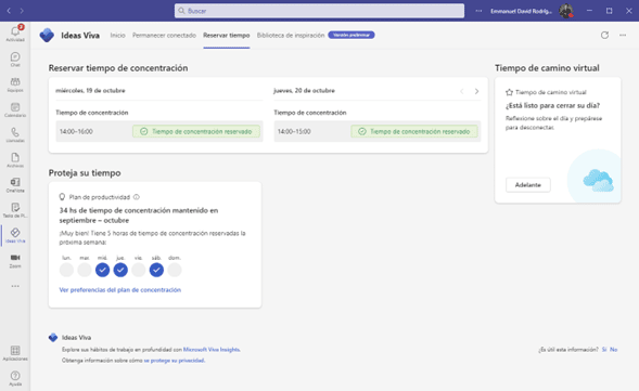 Ideas Viva junto con Microsoft 365 para reservar tiempo de concentración.