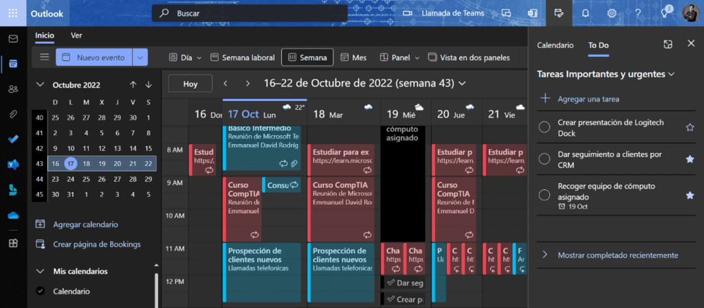 Tareas asignadas al calendario de Outlook