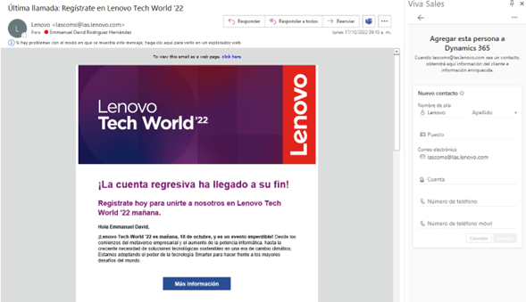 Viva Sales en acción dentro de Outlook